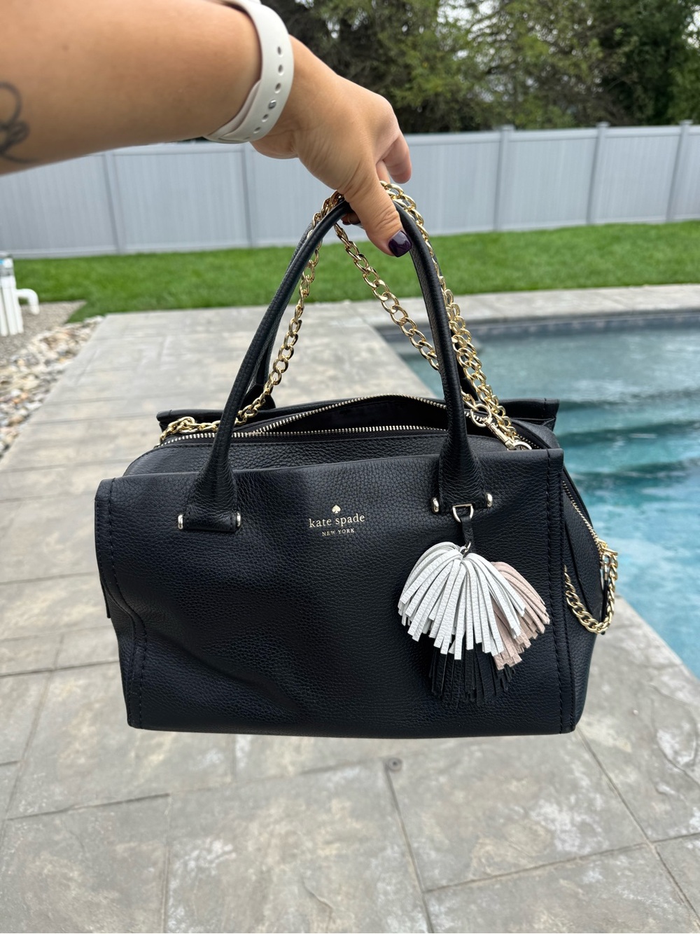 kate spade Black Pebbled Leather Satchel with Tri-Tone Tassel Charm